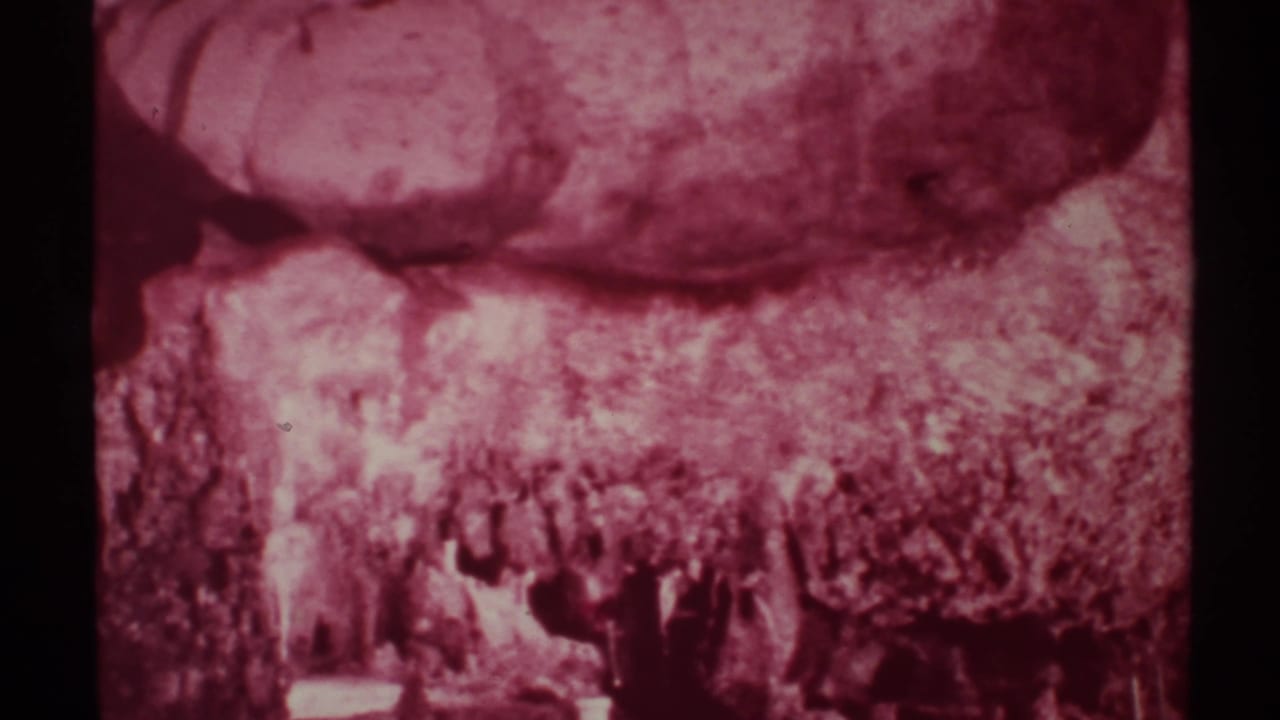 1972 New Mexico 8mm frame showing a dim cave wall and formations with visitors silhouetted near the bottom.