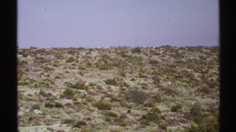1972 New Mexico 8mm frame showing a dry, brushy desert hillside beneath a pale sky, bordered by dark film gate edges.