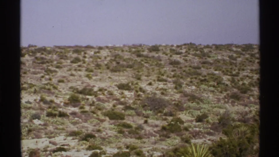 1972 New Mexico 8mm view of a scrub-covered desert slope with scattered rocks and pale sky, framed by dark film borders.