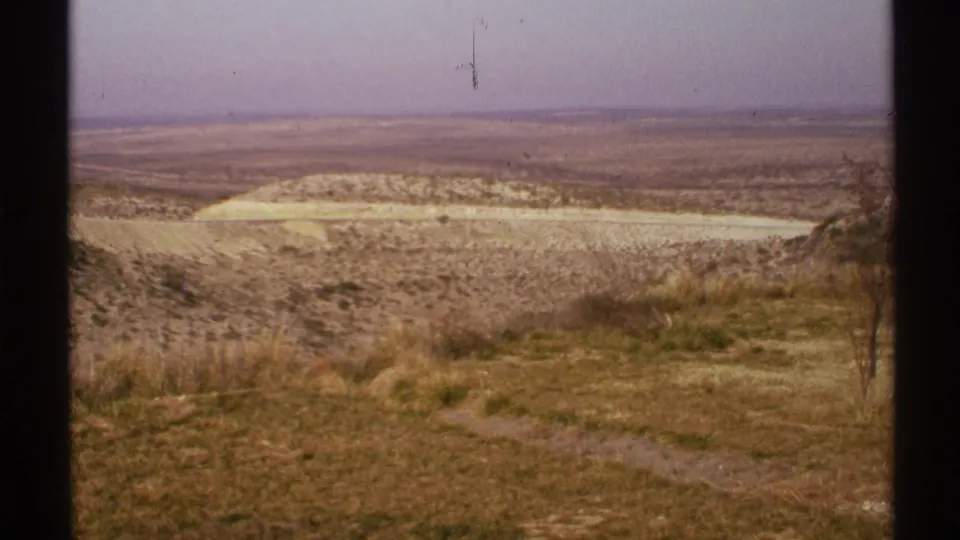 1972 New Mexico 8mm frame of a sweeping desert view with scrub-covered plain, pale track or wash, foreground grasses, and a distant hazy horizon.