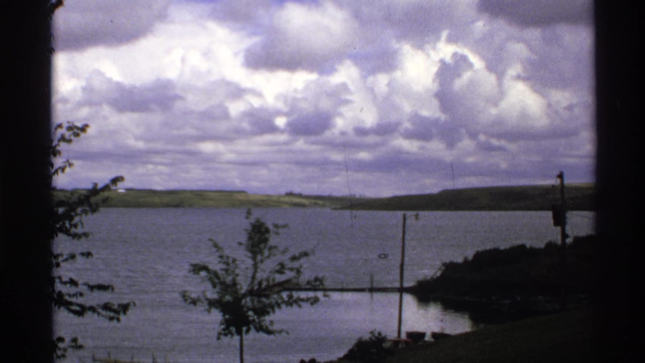 Calm lake with cloudy sky, distant green hills, small foreground tree, and dock sections.