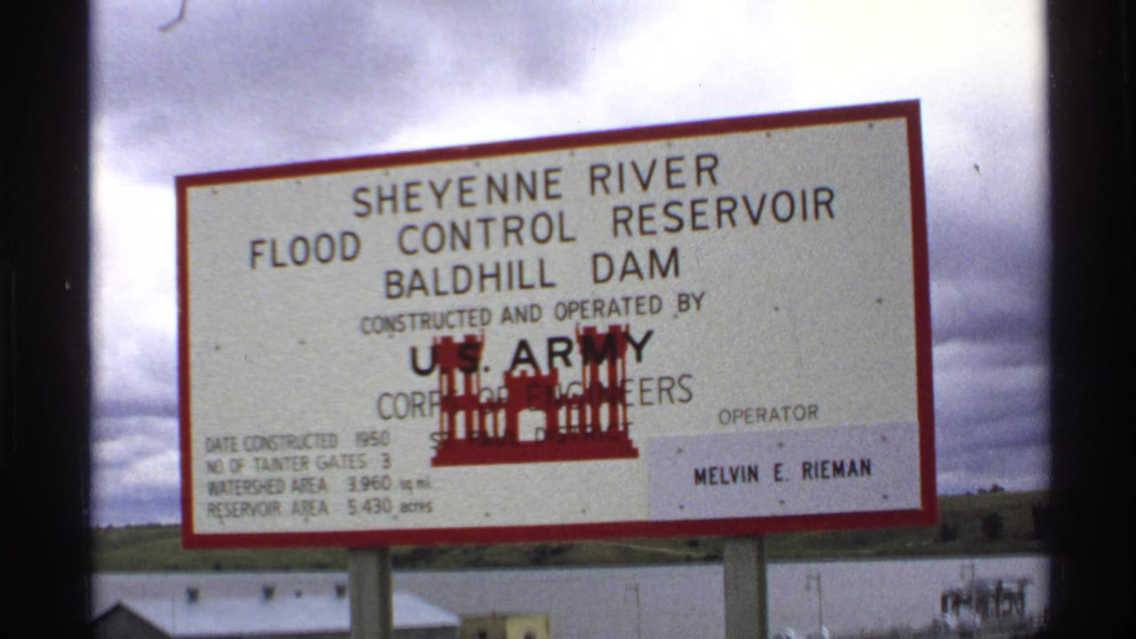 North Dakota 1972 frame centered on the Baldhill Dam and Sheyenne River Flood Control Reservoir sign.