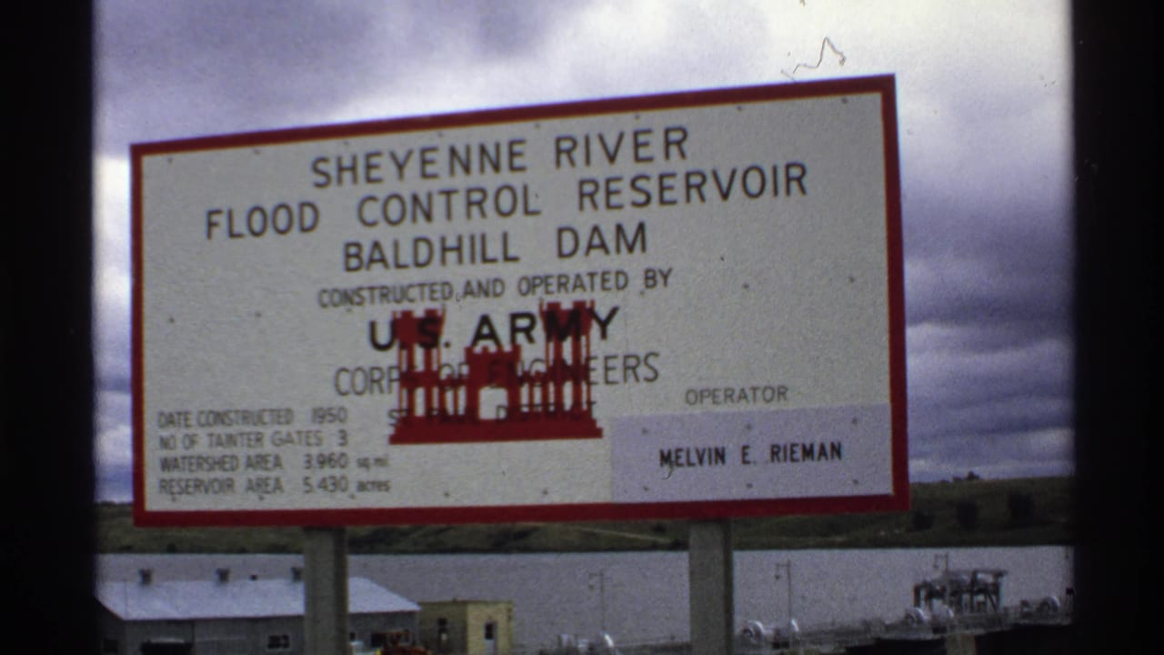 1972 North Dakota frame of the Baldhill Dam sign, including construction details and U.S. Army Corps of Engineers wording.