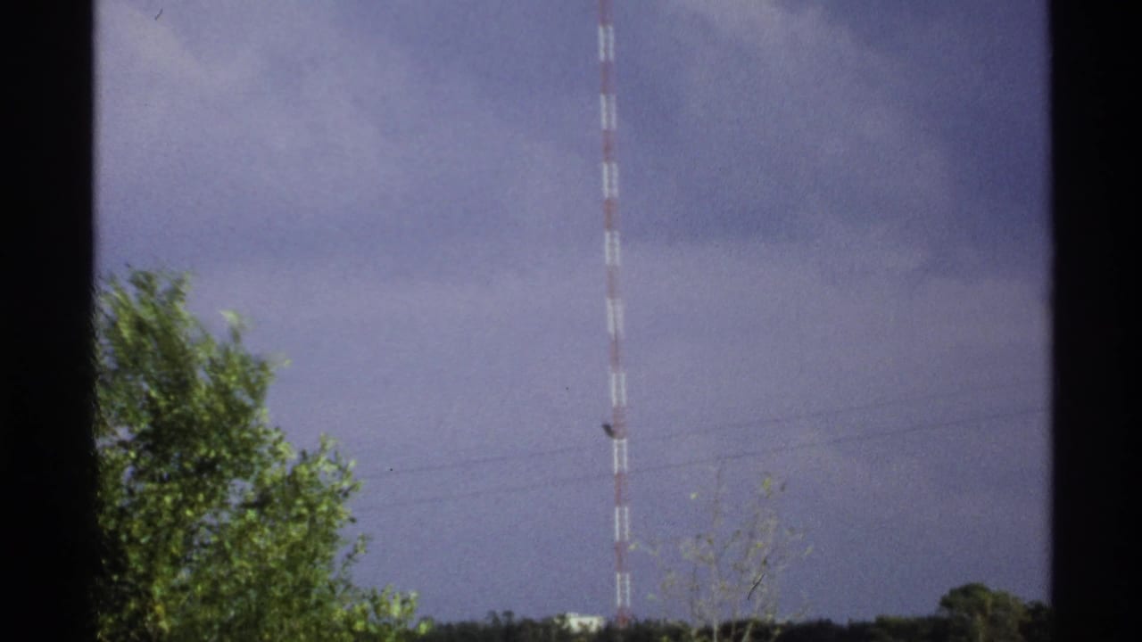 Distant striped tower centered near trees with cloudy sky behind it.