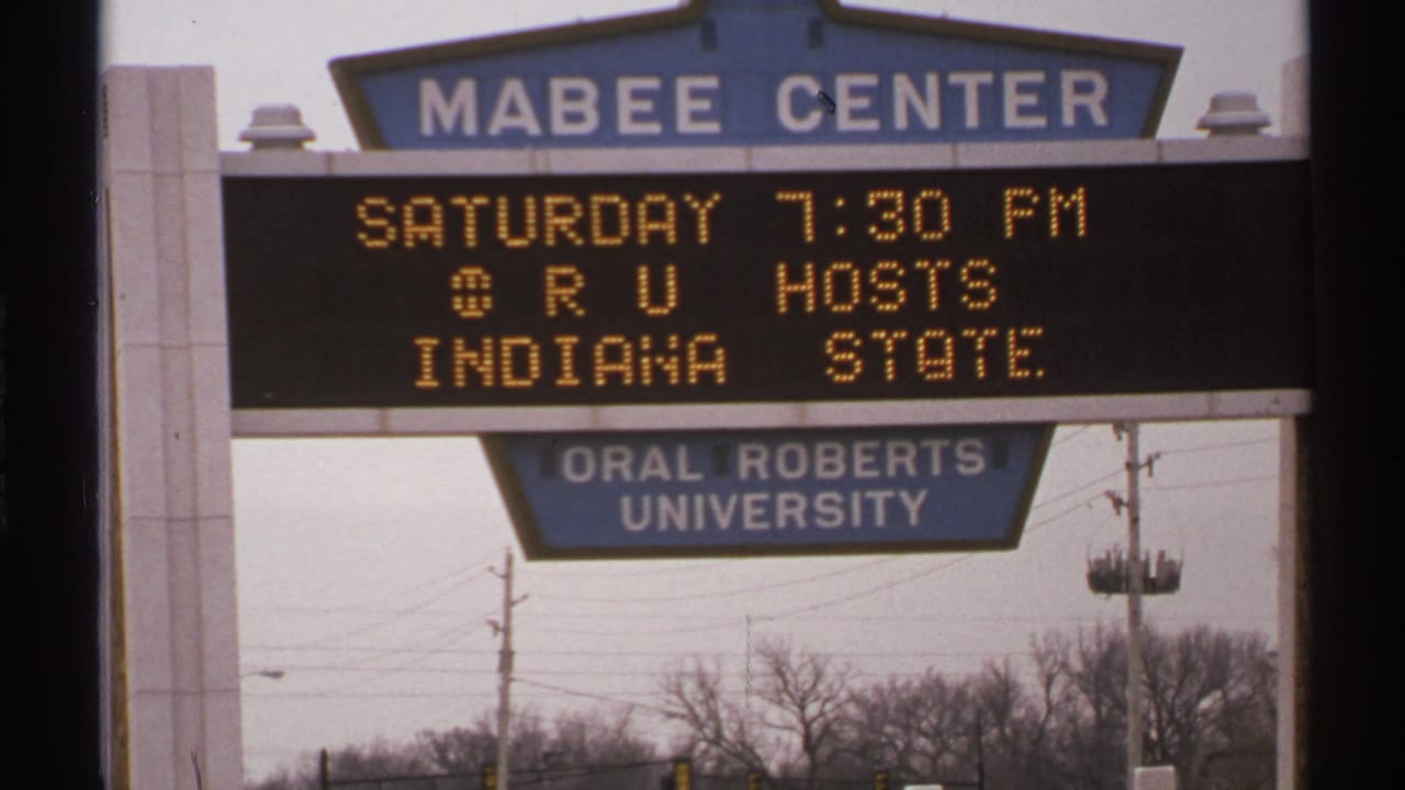 Mabee Center marquee announcing a Saturday ORU hosts Indiana State game.