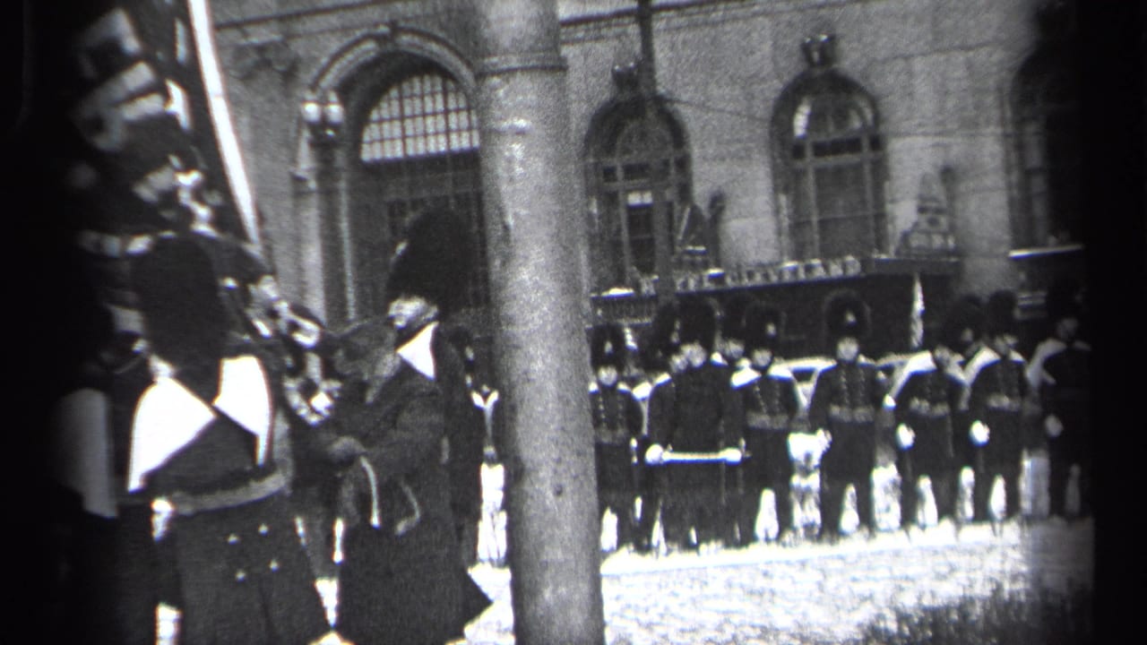A line of uniformed soldiers faces forward outside a large building, with spectators partly blocking the left edge.