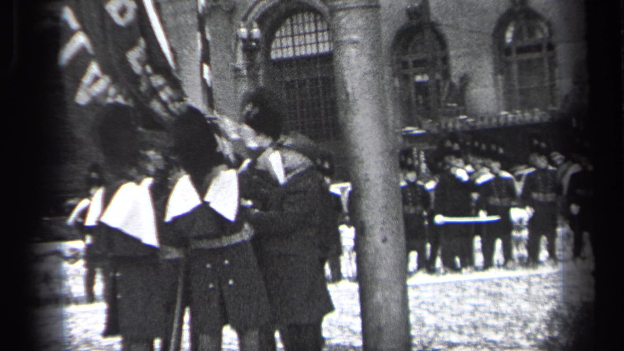 Guards and flags appear in front of a stone building with a tree trunk in the foreground.