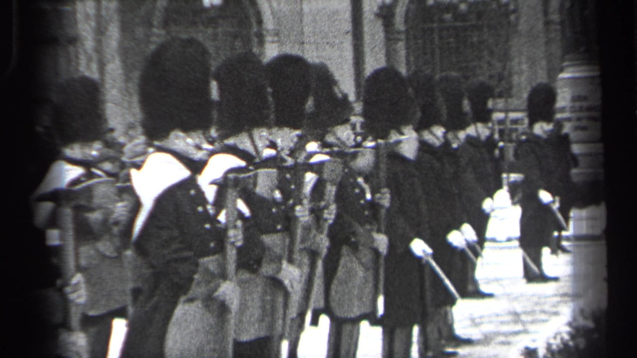 Ceremonial guards in tall hats stand with rifles in a snowy courtyard.