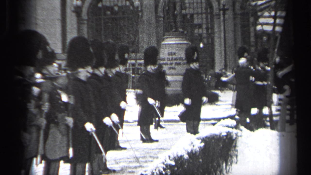Uniformed guards stand near a flag and snow-covered hedges.