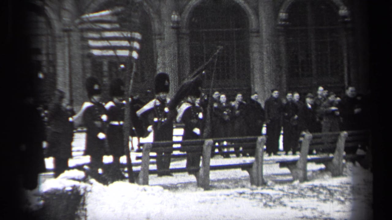 Uniformed guards salute an American flag in snow as spectators watch behind a barricade.