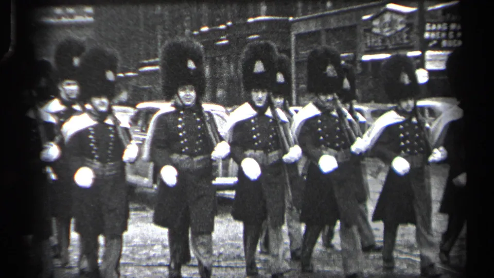 Near the end of the clip, British Guards pass close to the 8mm camera during the Cleveland street procession.