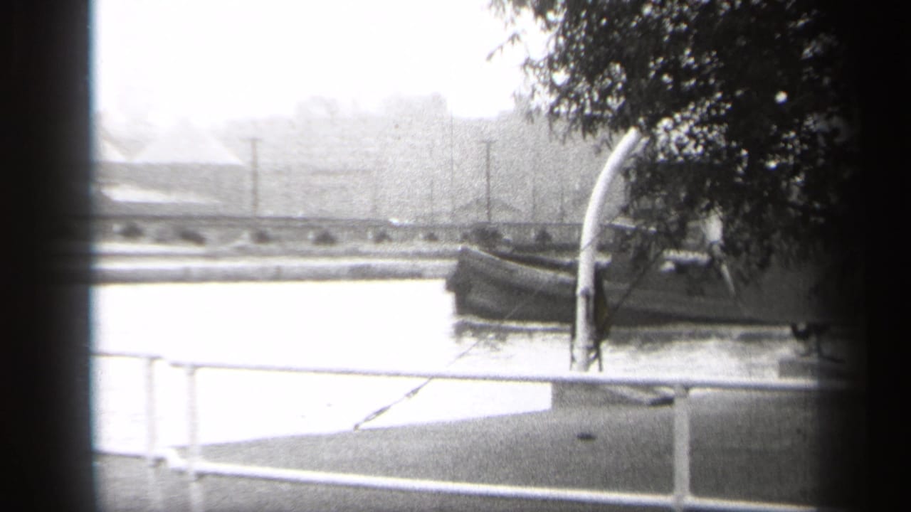 Tugboat partly visible on a river behind railings and trees.