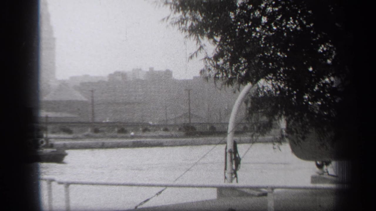 River and distant skyline seen past a railing, with tree branches and a curved boat or dock element at right.