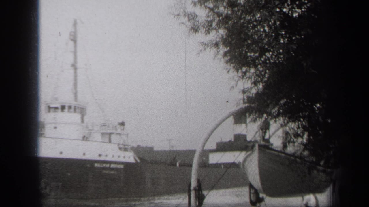 Freighter passing on a waterway behind a small docked boat and tree branches.