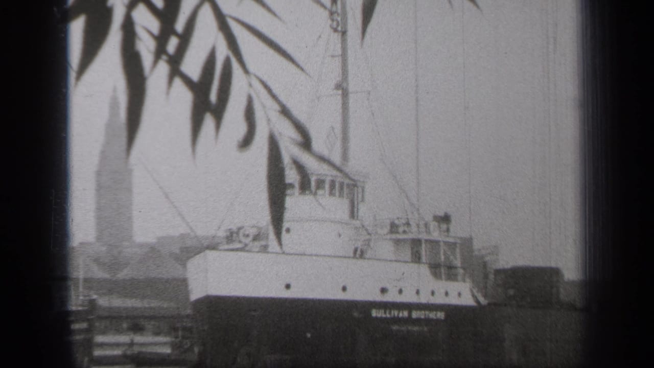 Large ship marked SULLIVAN BROTHERS seen through dark foreground leaves at a harbor.