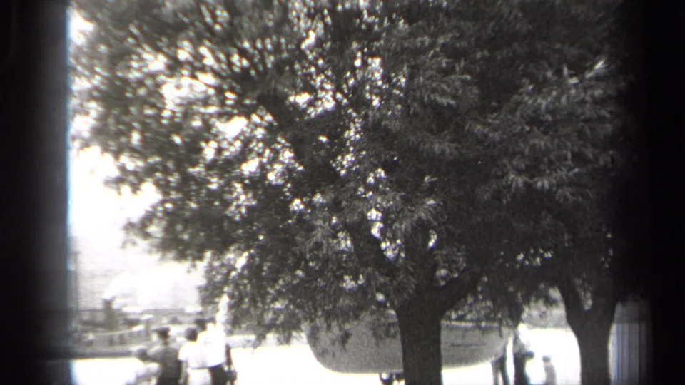 1938 Cleveland harbor frame with a broad tree canopy, small groups of people near the shore, and the ship partially visible behind foliage.