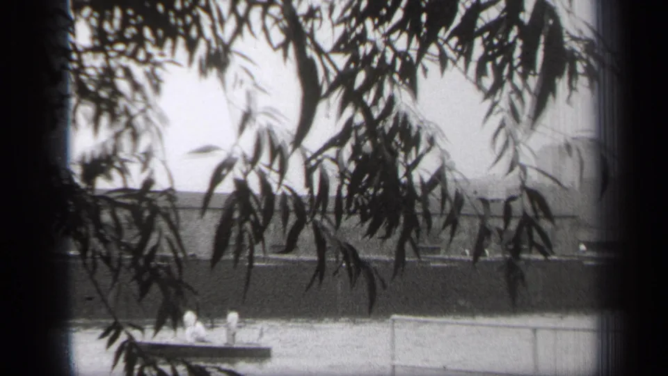 1938 Cleveland waterfront view with two men on a small boat below a passing river vessel and silhouetted foliage.