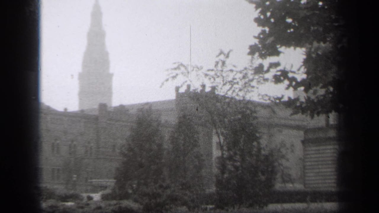 Foggy view of a steeple rising behind trees and large masonry buildings.