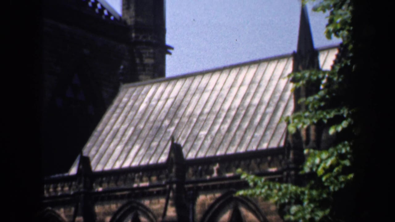 Church roof, spire, and upper wall seen beside leafy branches.