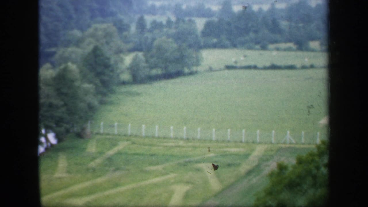 1949 England countryside framed by dark window divisions, with sloping green fields, tree lines, and a pale fence visible below.