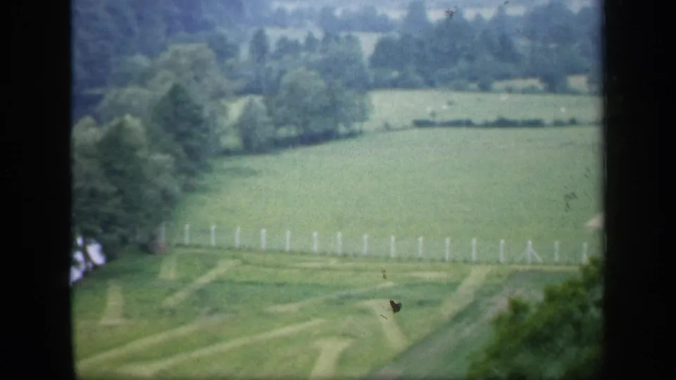 1949 England countryside framed by dark window divisions, with sloping green fields, tree lines, and a pale fence visible below.