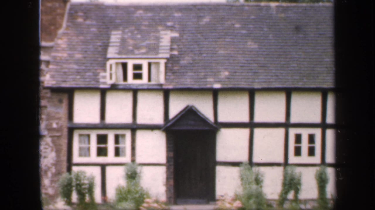 Timber-framed house with white panels, slate roof, chimney, and garden shrubs.
