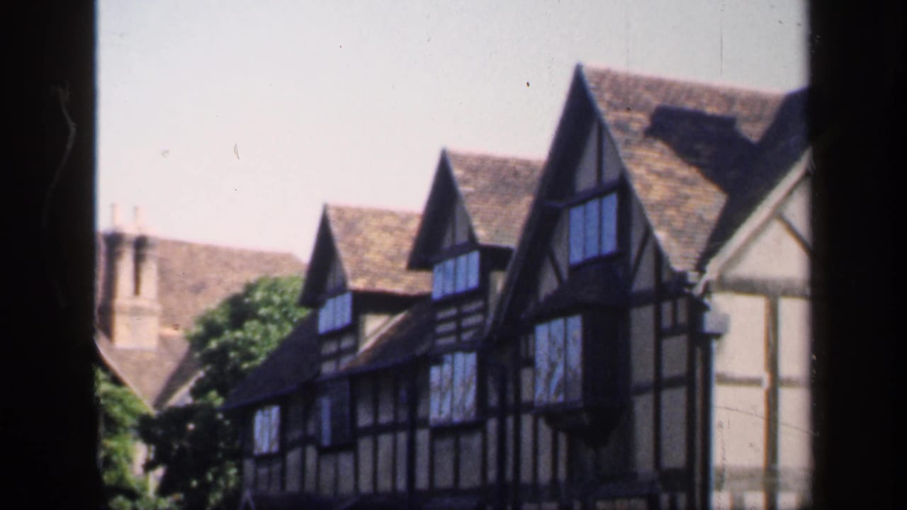 Row of half-timbered houses with steep gables, trees, and dark vertical film or window edges.