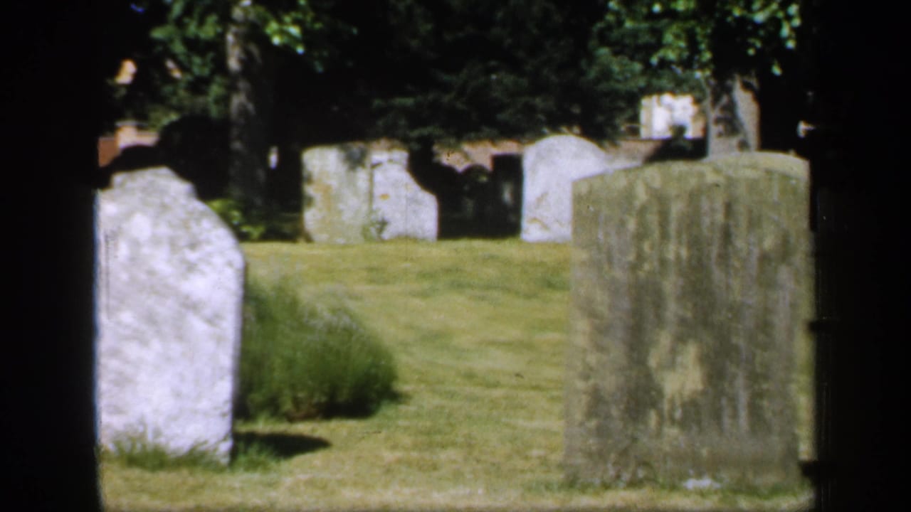 Weathered gravestones stand in a grassy cemetery with trees and shade.