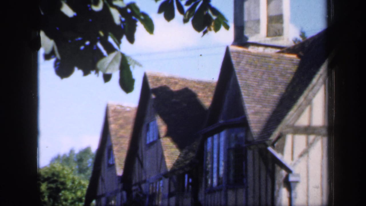 Traditional English half-timbered houses with steep roofs and windows appear behind foliage in this 1949 village view.