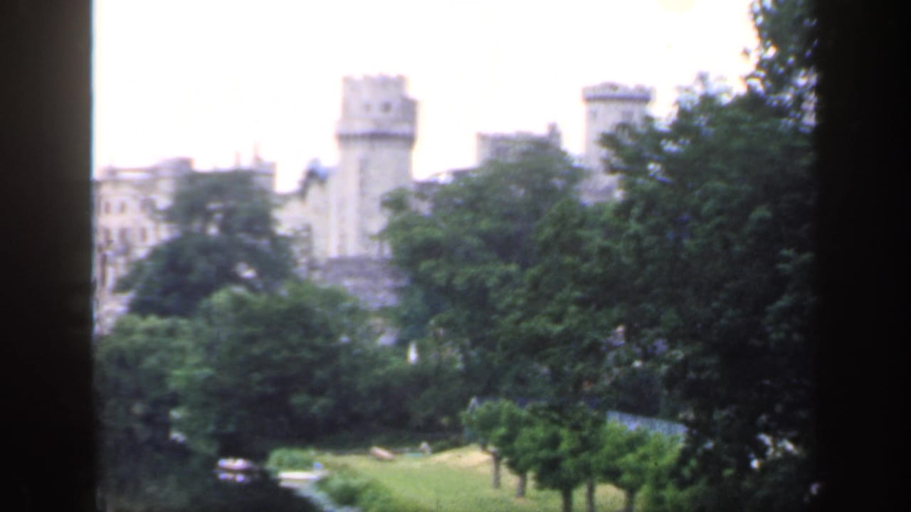 Castle towers and trees viewed across a pond from a partially obscured position.