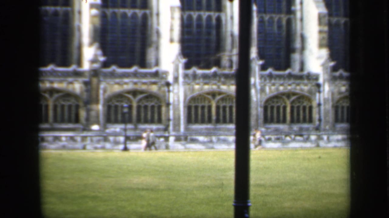 Grassy courtyard and ornate stone windows divided by dark vertical foreground bars.