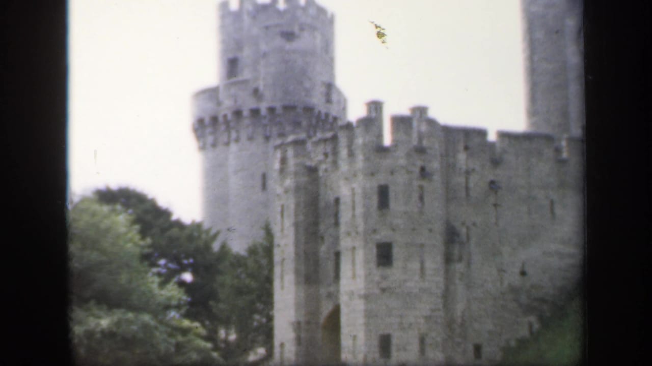 Stone castle towers and battlements behind trees under a bright sky.