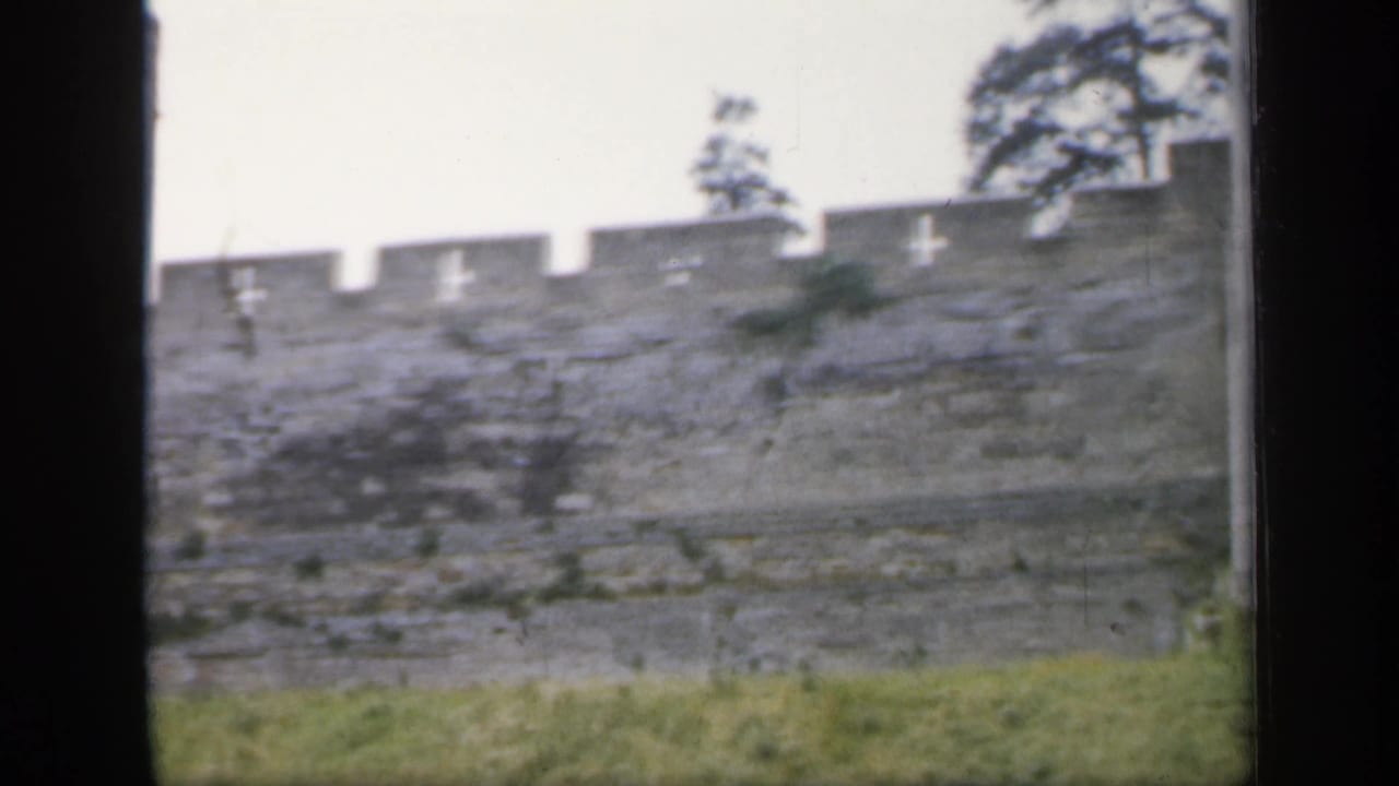 Long stone castle wall with crenellations, grass, and trees above the wall.