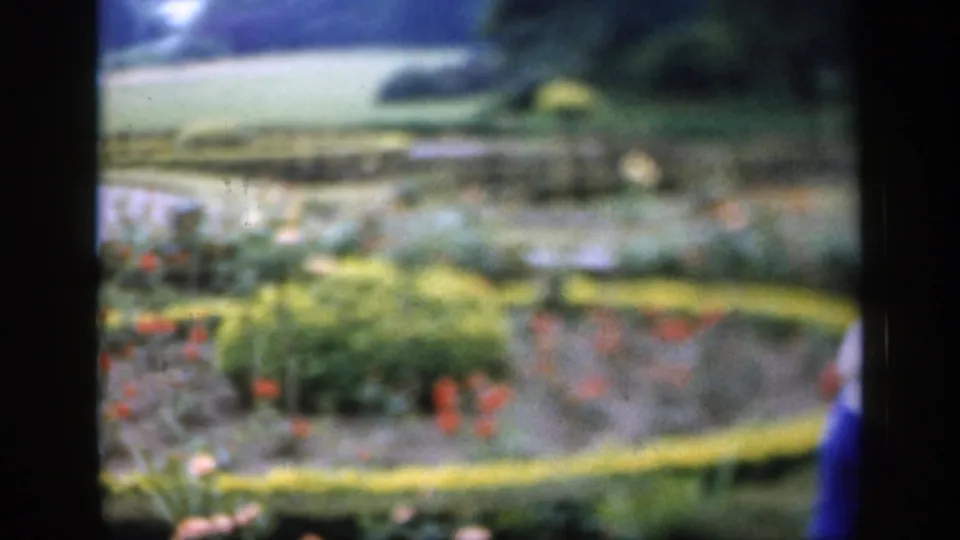 Final 1949 England frame showing patterned garden beds, red flowers, hedges, and a partial dark blue shape along the right edge.