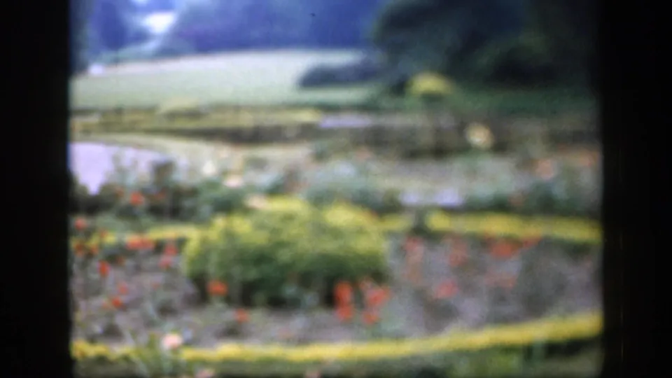 1949 England 8mm frame showing blurred red and yellow flowerbeds, clipped greenery, open lawn, and trees in a sunlit garden.