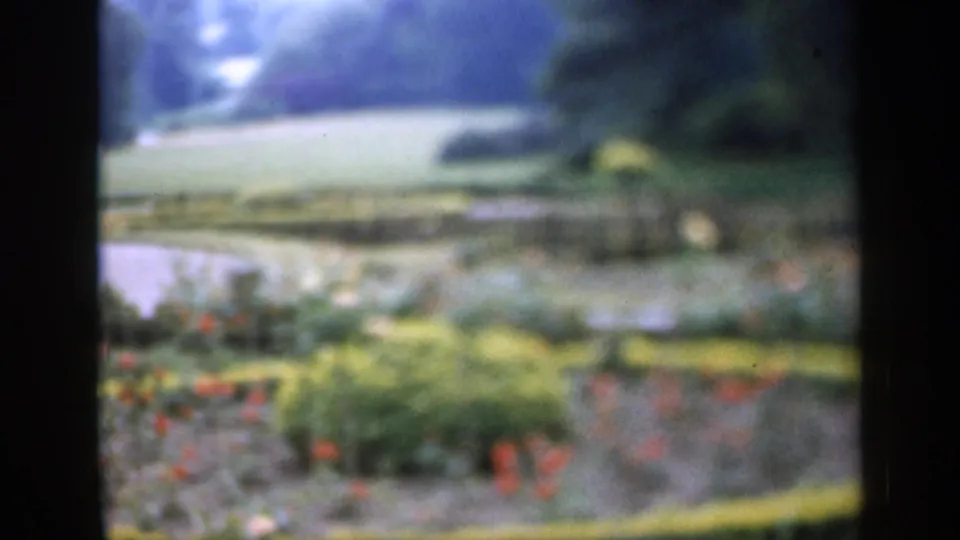 Soft color 8mm frame from England in 1949 with flower borders, shrubs, pale lawn, and tree shapes in the background.