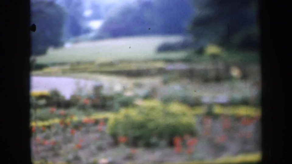 1949 English garden footage frame with soft-focus flowerbeds, green planting, open lawn, and distant trees on 8mm film.