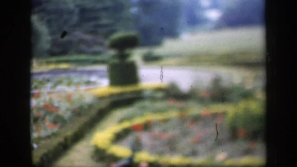 1949 England home-movie frame of a landscaped garden with clipped hedges, colorful beds, a topiary form, and a pale walkway.