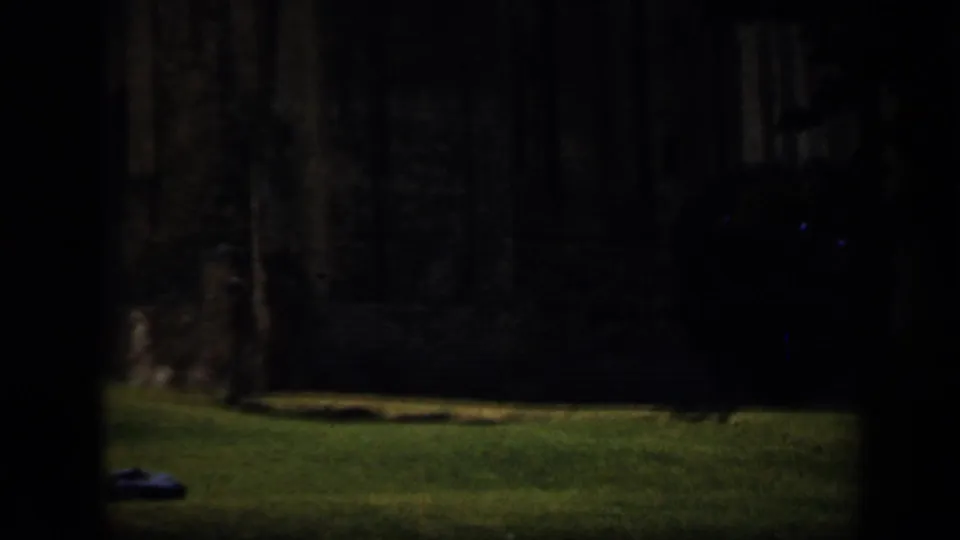 Underexposed 1949 England 8mm frame with a dark castle wall edge, shaded lawn, and limited visible garden detail.