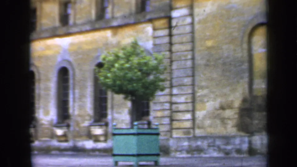 1949 England 8mm frame showing arched windows and weathered stonework beside a green planter with a leafy tree.