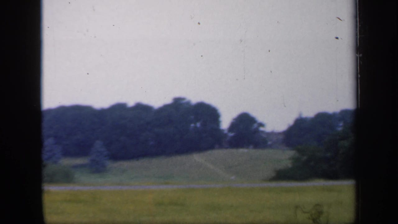 Rolling green field and distant tree-lined hill under an overcast sky.