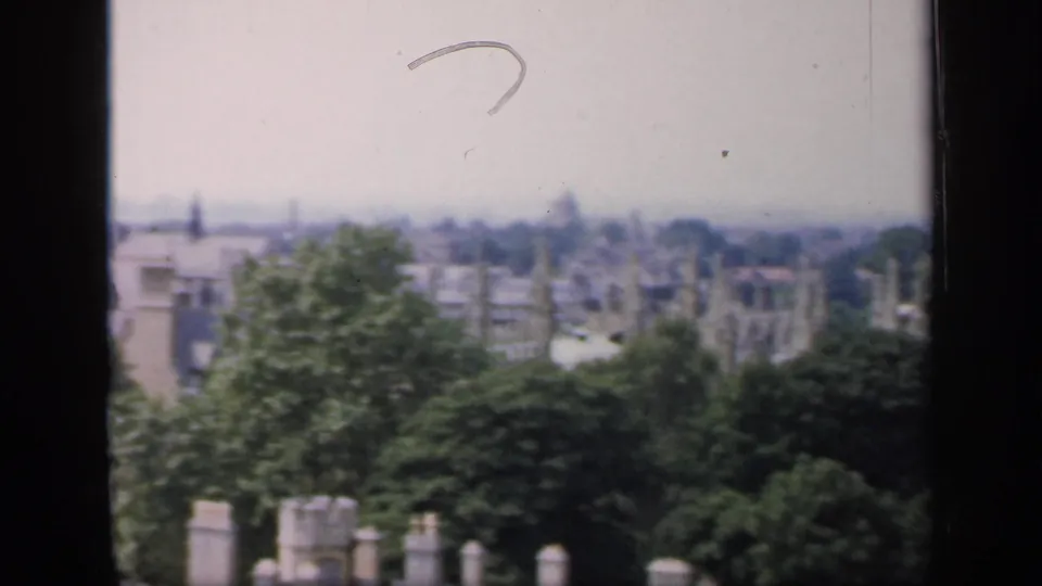 1949 England elevated panorama showing trees in the foreground, town rooftops beyond, and a soft hazy skyline.