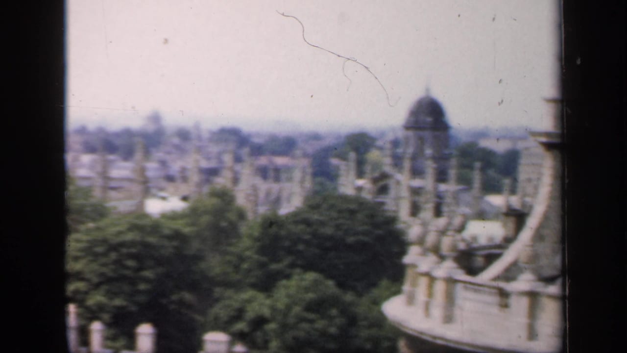 Elevated view across Oxford rooftops with a domed building and trees in soft focus.