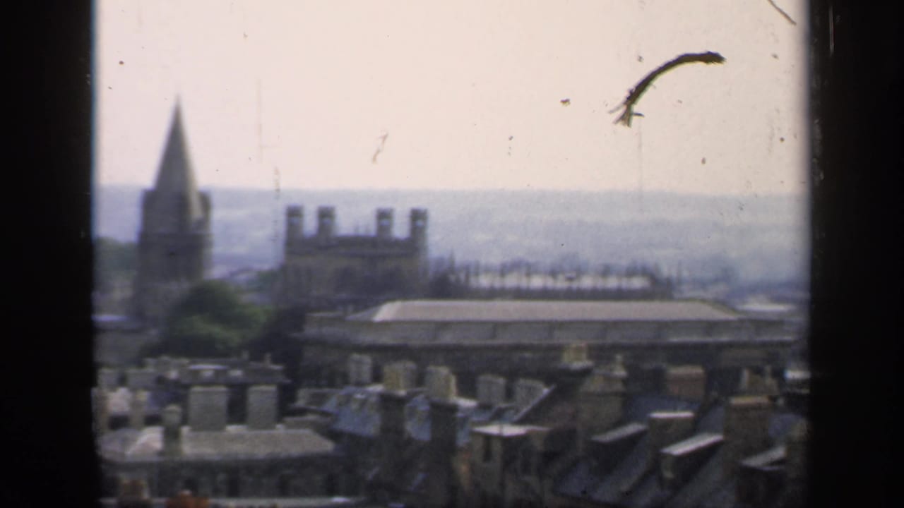 Soft 1949 8mm frame of an English urban skyline, showing chimneys, rooftops, a pointed spire, and a dark vertical window bar.
