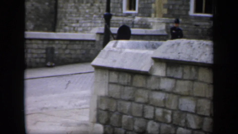 The guard is partly hidden by a low stone wall in the courtyard, with another dark-uniformed figure faintly visible in the background.