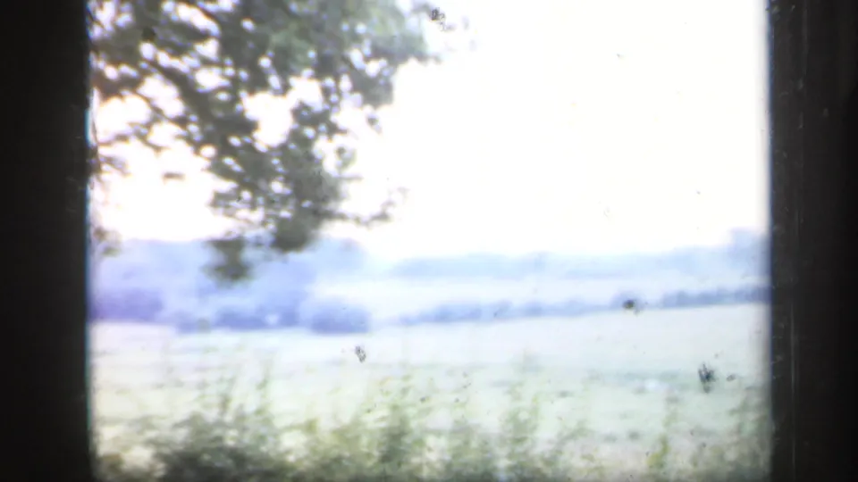 1949 England 8mm frame showing open countryside seen through a dusty vehicle window, with fields and trees beyond.