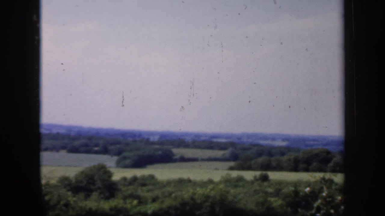 Green countryside seen through a dark window frame under a pale sky.