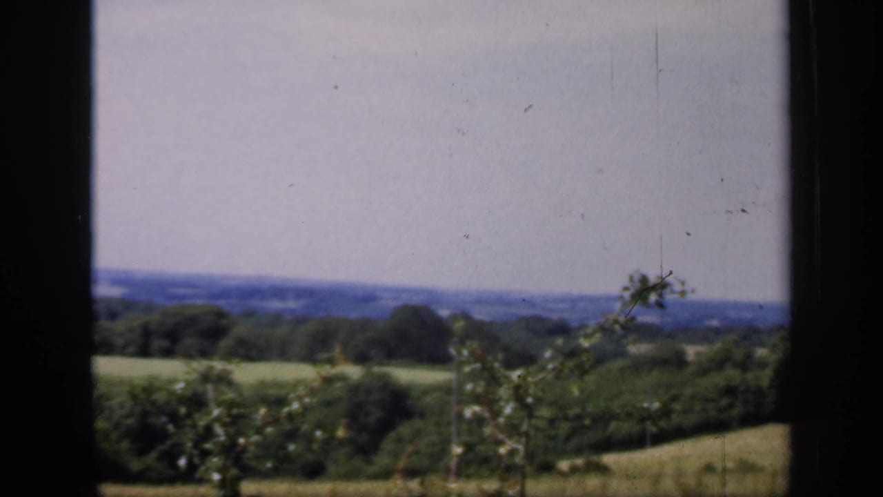 1949 England 8mm frame showing a lower angle through the window toward shrubs, open fields, trees, and a hazy horizon.
