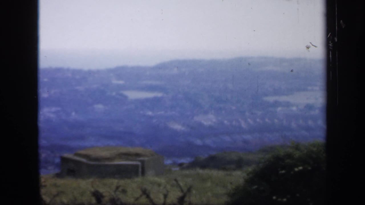 Hazy town and hills seen through dark window bars with grass and a low concrete structure in front.