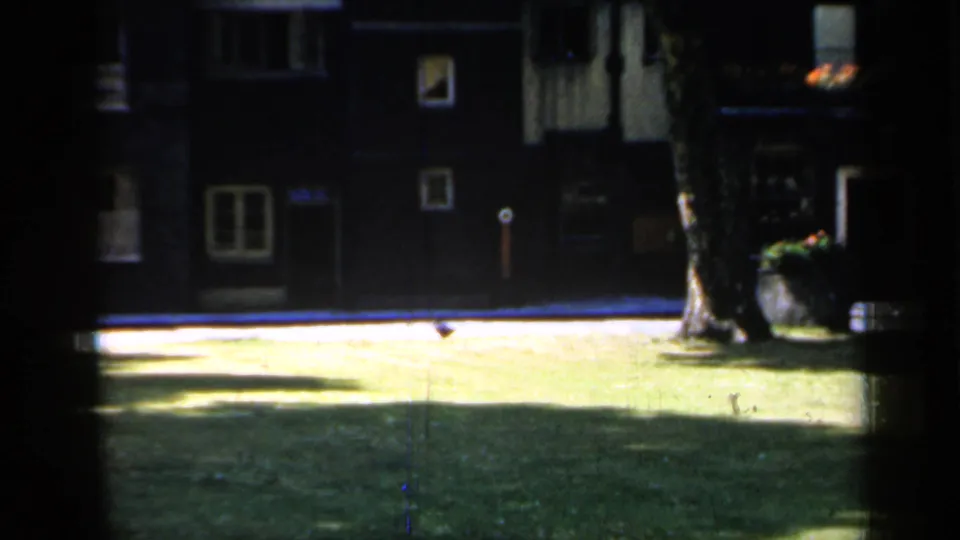 1949 England home-movie frame holding on a sunlit courtyard, dark facades, windows, and a tree near the building line.
